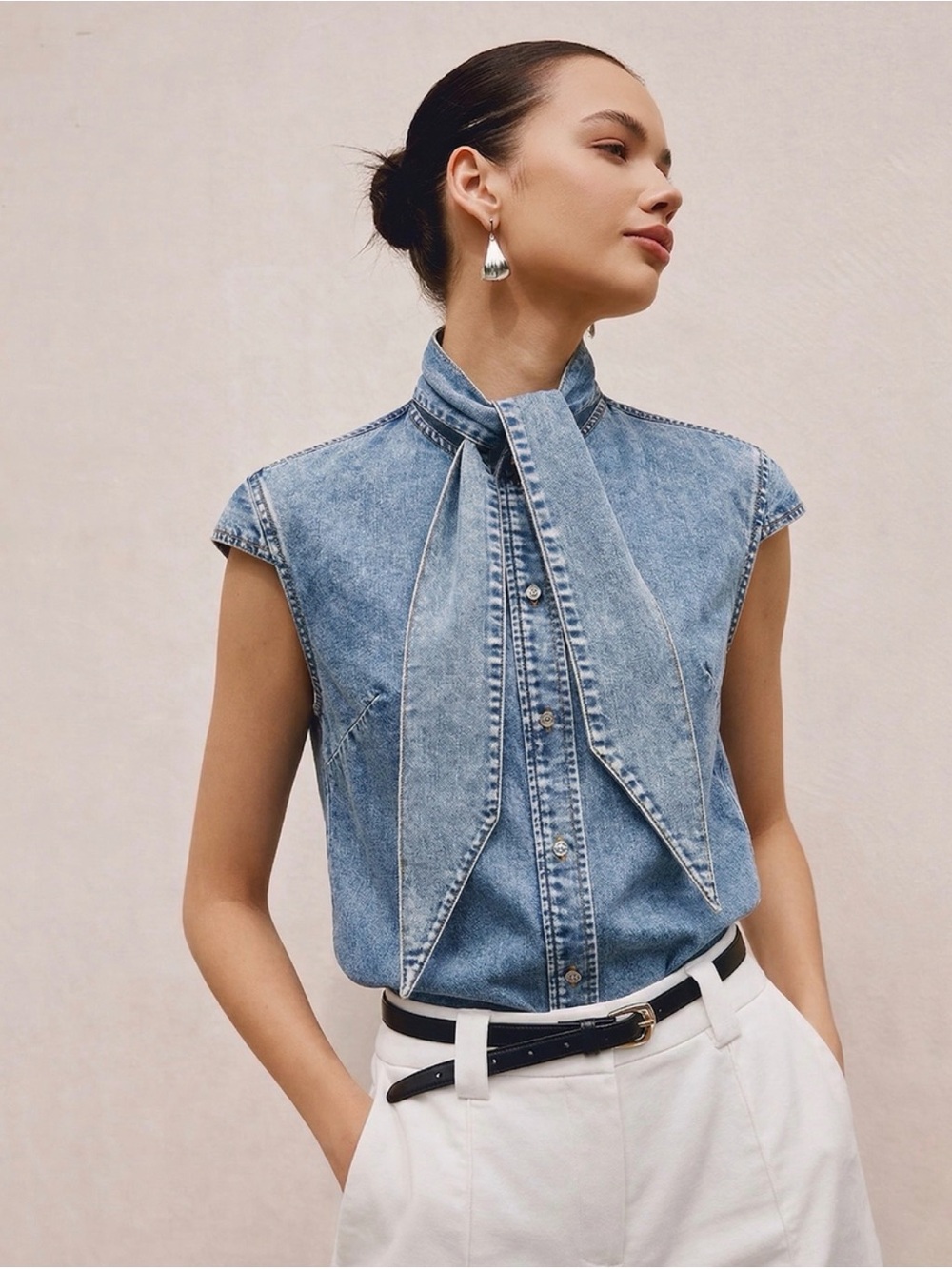 Commense Denim Tie-Neck Sleeveless Button Down Top
